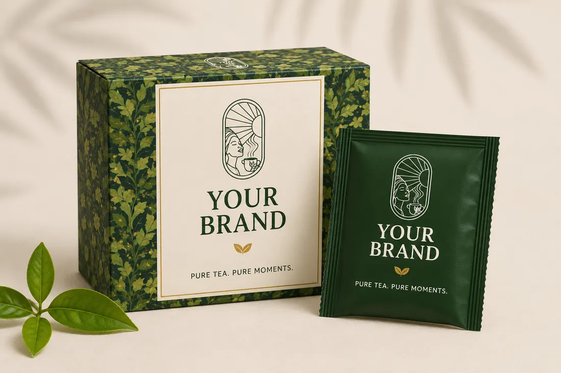 Your Brand tea bag retail box and individually wrapped tea bag