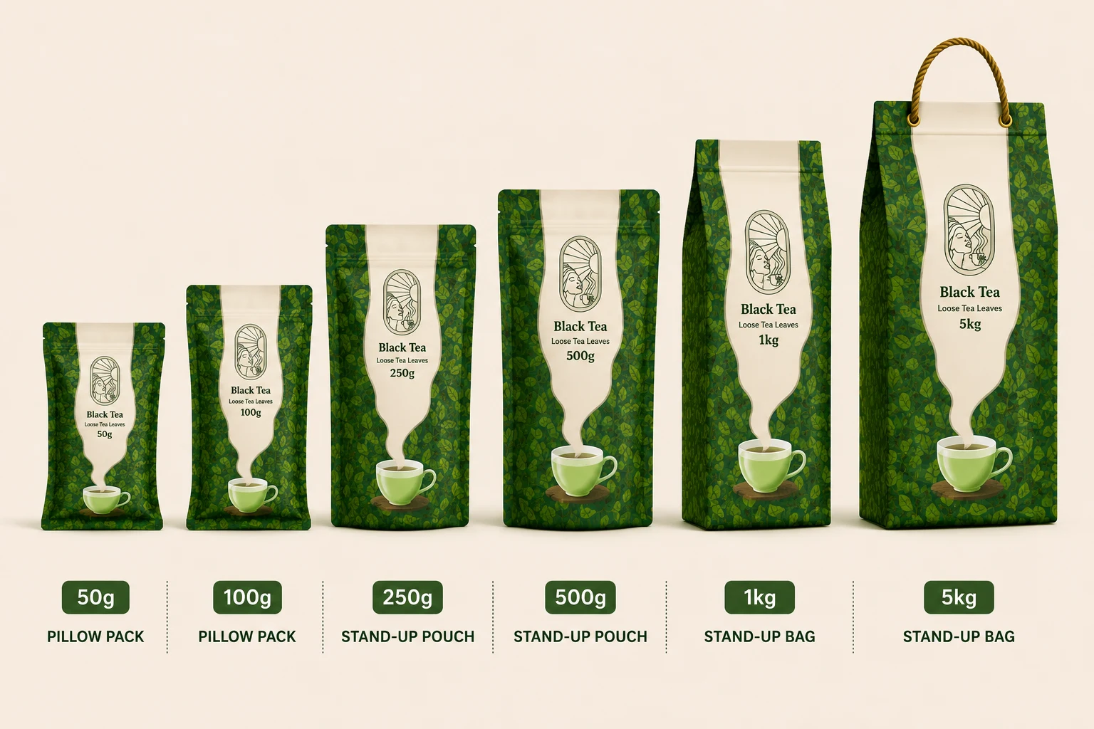Pouch sizes: 50g and 100g pillow packs, 250g and 500g stand-up pouches, 1kg and 5kg stand-up bags